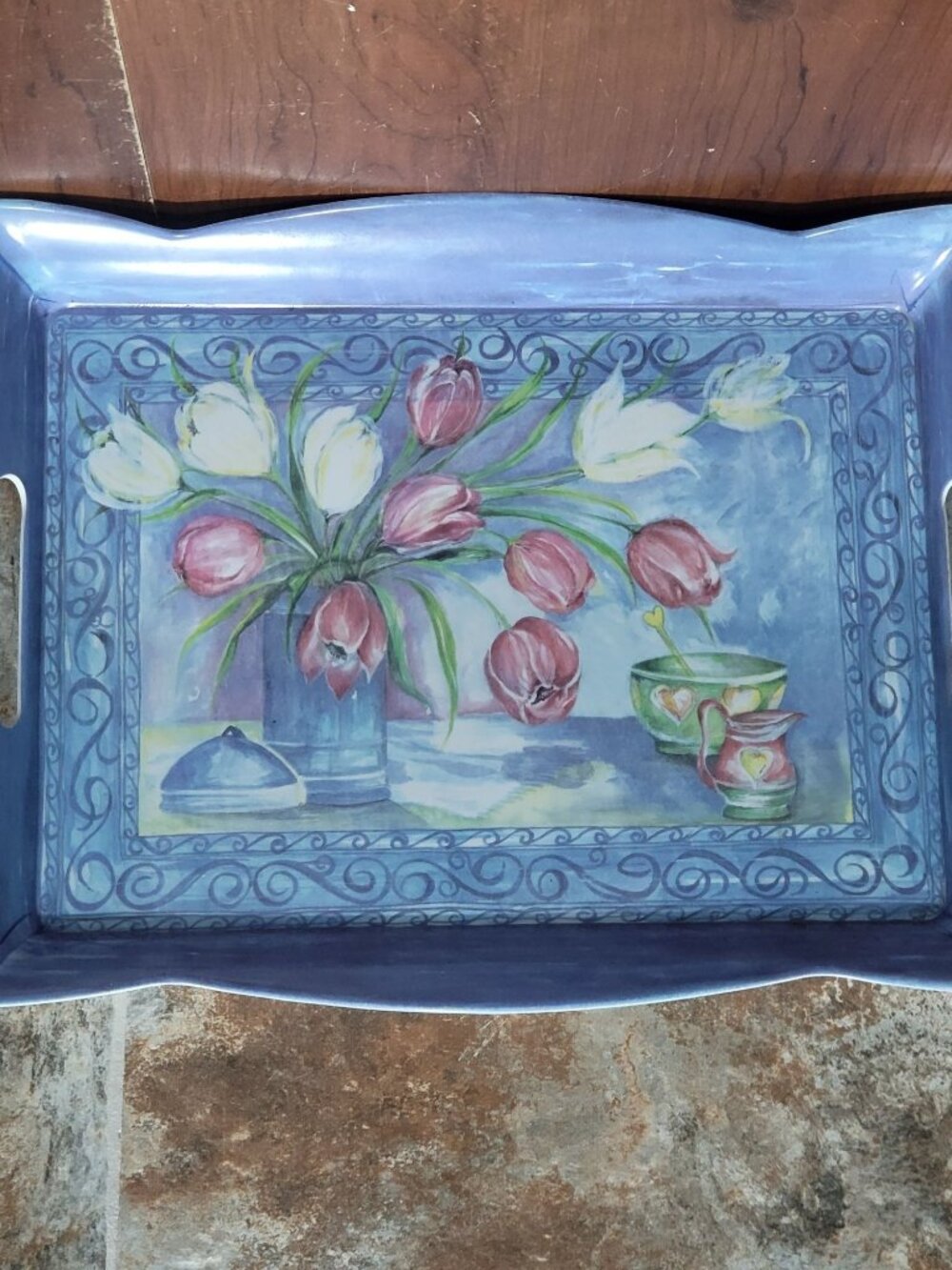 Purple Melamine Serving Tray with Handle Rectangular Tulips Theme Design